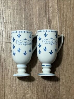 Vintage Porcelain Cafe Au Lai Blue & White Tall Footed Espresso Demitasse Cups